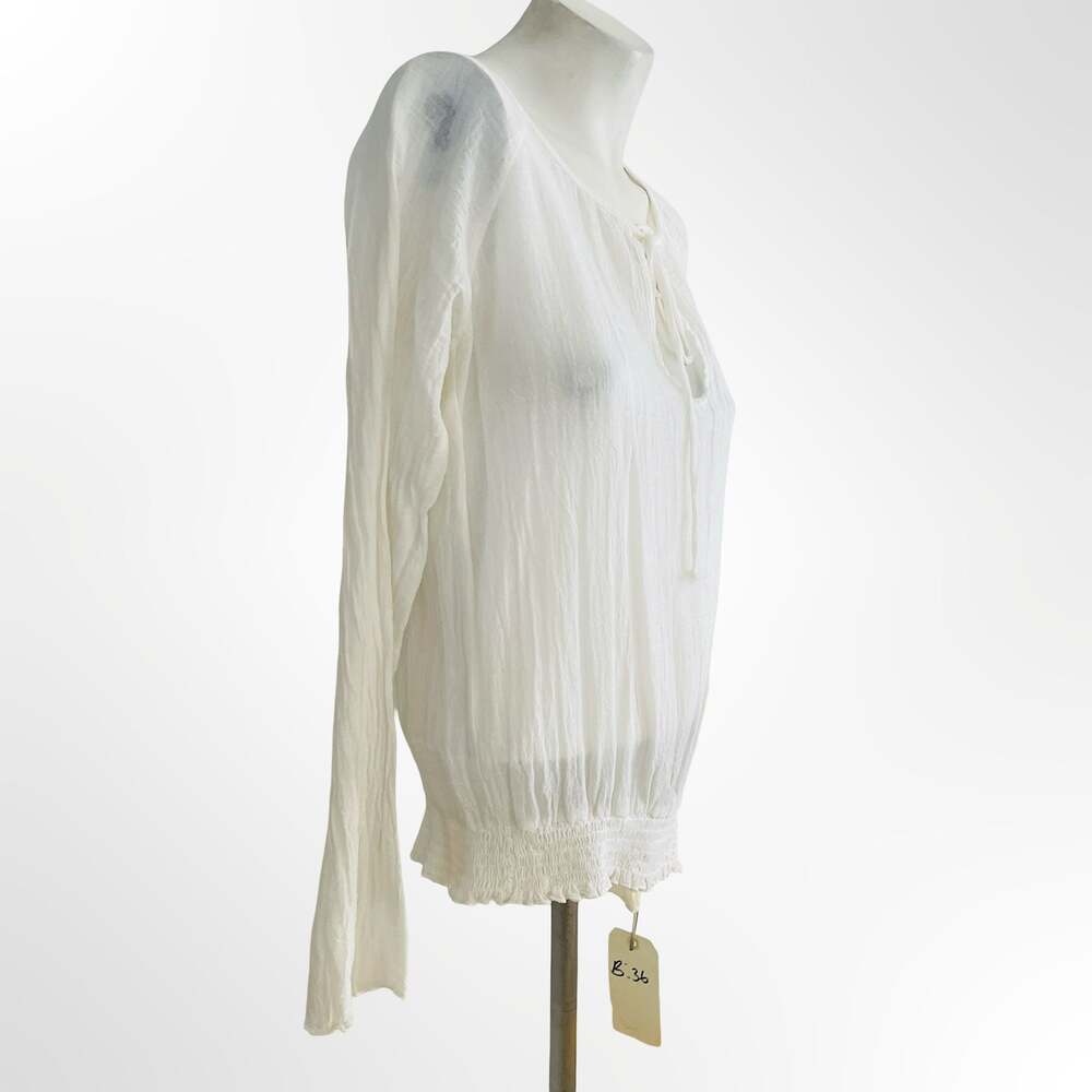 Grassroots White 100% Cotton Gauze Peasant Blouse Long Sleeve Tie Neck - Picture 2 of 8